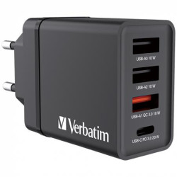 Sieov nabjaka, 1xUSB-C PD (20W), USB-A QC 3.0, 2xUSB-A (10W), VERBATIM, ierna