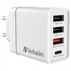 Sieov nabjaka, 1xUSB-C PD (20W), USB-A QC 3.0, 2xUSB-A (10W), VERBATIM, biela